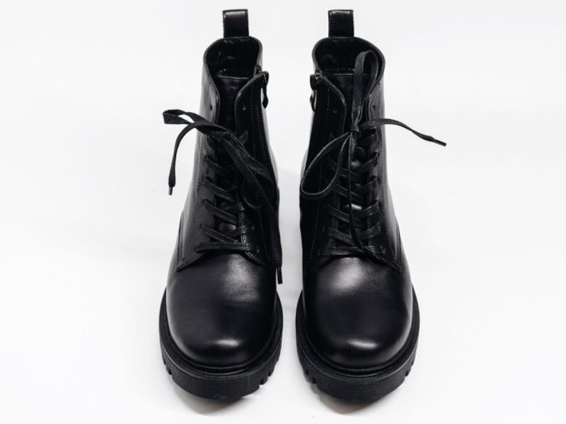 Women black leather combat lace up ankle boots, women black boots, genuine leather boots, comfort festival boots image 3