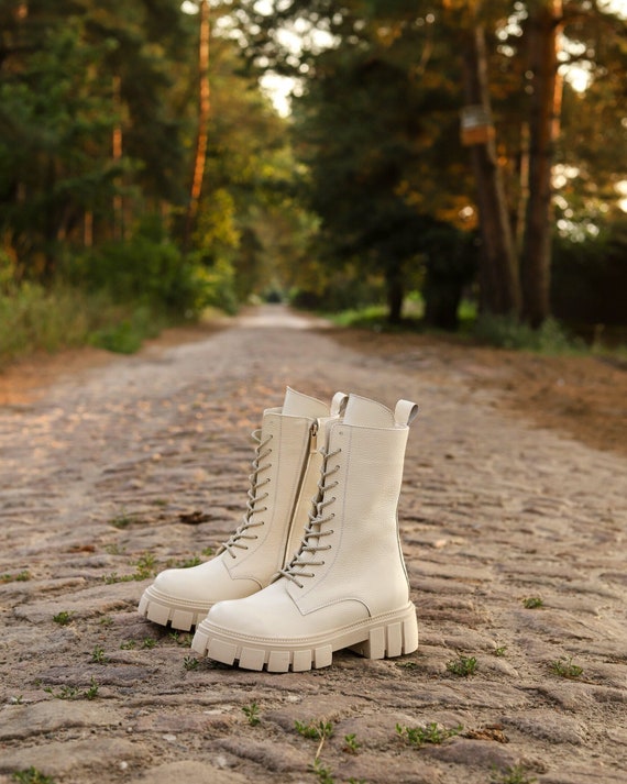 Winter Boots, White Boots, Flat Boots, Leather Boots, High Ankle