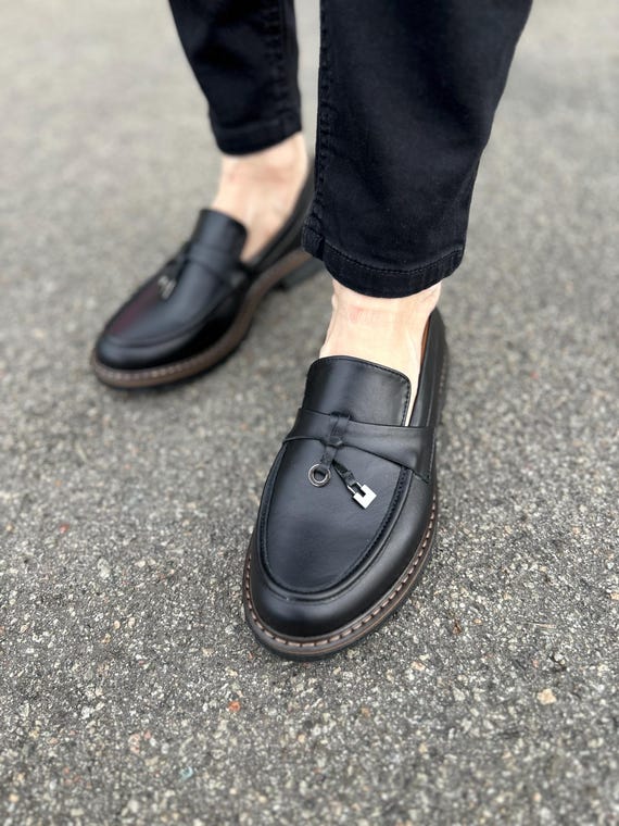 Black Leather Loafers, Comfortable Slip-on Black Shoes - Etsy