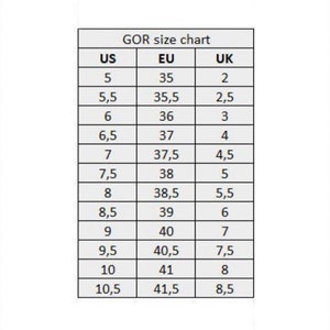 May include: A size chart for shoes, showing US, EU, and UK sizes. The chart shows sizes from 5 to 10.5 US, 35 to 41.5 EU, and 2 to 8.5 UK.