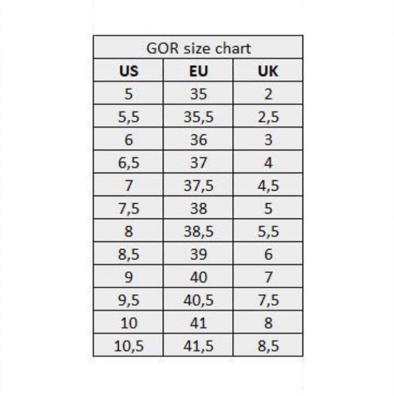May include: A size chart for shoes, showing US, EU, and UK sizes. The chart shows sizes from 5 to 10.5 US, 35 to 41.5 EU, and 2 to 8.5 UK.