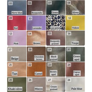 May include: A chart of 32 different leather swatches, each with a number and a name. The swatches are arranged in a grid of 8 rows and 4 columns. The leather swatches are in a variety of colors, including black, white, fuchsia, navy blue, burgundy, green, silver, red, lavender, yellow, pink, brown, beige, tan, khaki olive, ivory, gray, and pale blue.