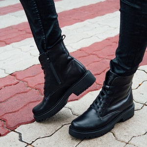 Women black leather combat lace up ankle boots, women black boots, genuine leather boots, comfort festival boots image 4