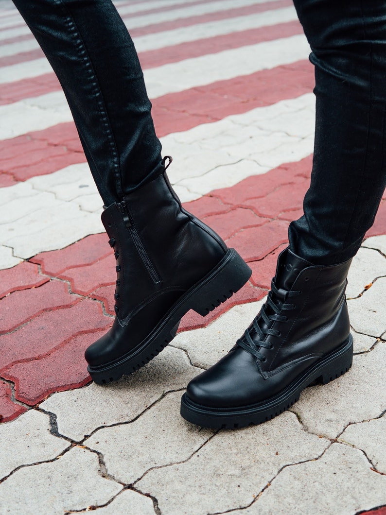 Women black leather combat lace up ankle boots, women black boots, genuine leather boots, comfort festival boots image 4