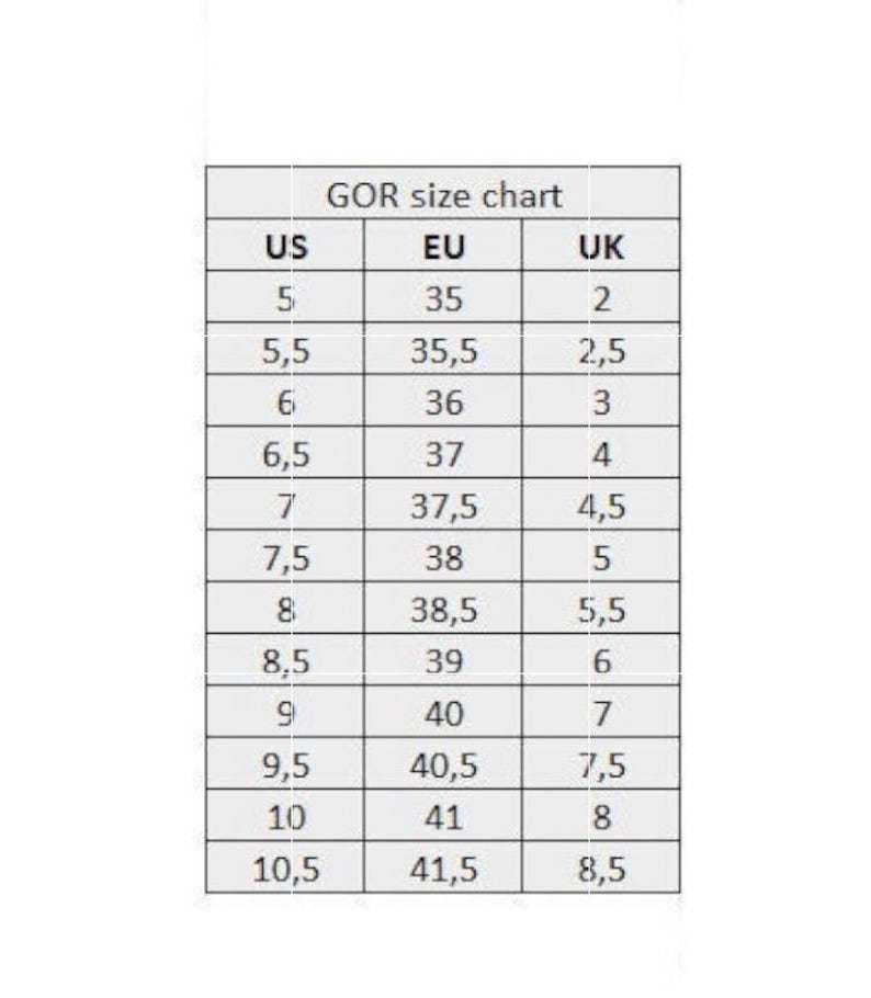 May include: A size chart for women's shoes showing US, EU, and UK sizes. The chart shows sizes from 5 to 10.5 US, 35 to 41.5 EU, and 2 to 8.5 UK.