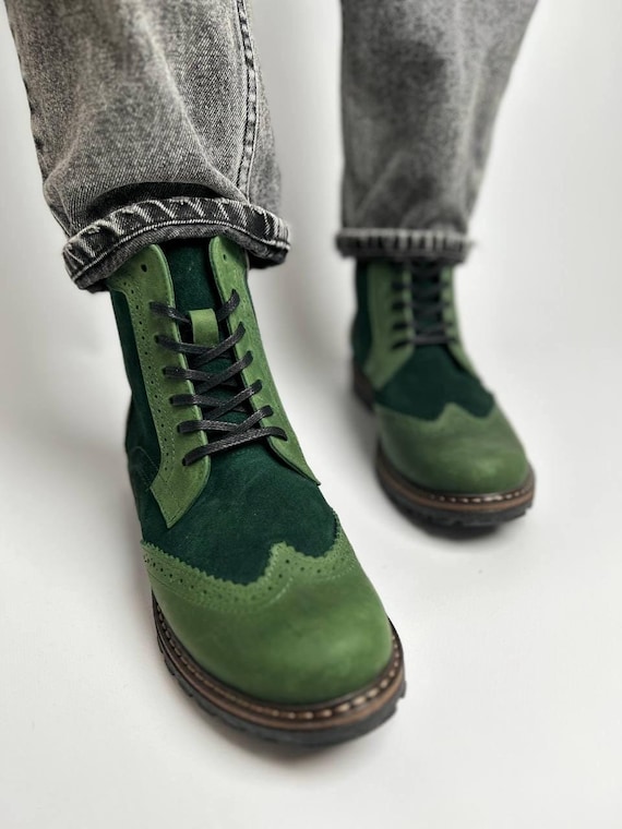 Green Leather Women Brogue Boots: Suede Ankle Boots
