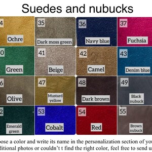 May include: A colour chart displaying 56 different shades of suede and nubuck leather. The chart is divided into 6 rows and 8 columns. Each square shows a different colour of leather with a number and name printed below it. The colours range from black to white, with many shades of brown, green, blue, and red.