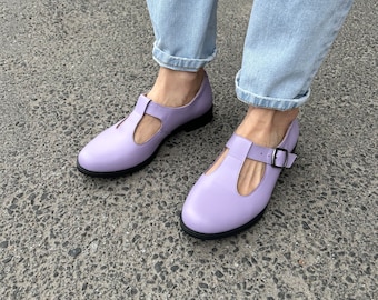 Lilac Leather Mary Janes: Handmade T Strap Women's Shoes Israel