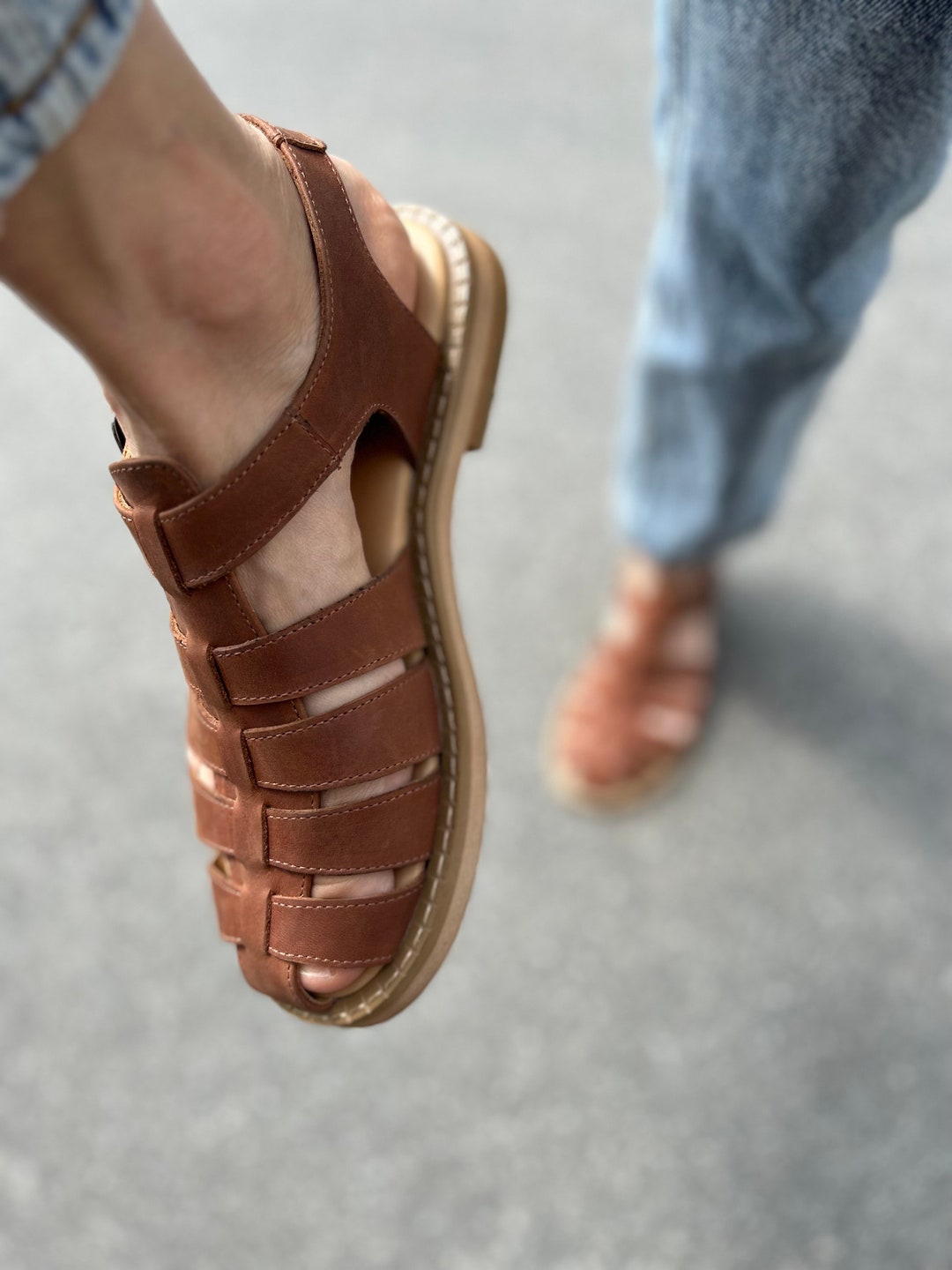 Cognac Brown Leather Fisherman Sandals Closed Toe Gladiator Sandal Etsy