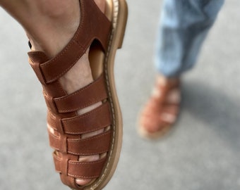 Women fisherman brown sandals, cognac brown leather  sandals, gladiator sandals, summer closed toe sandals