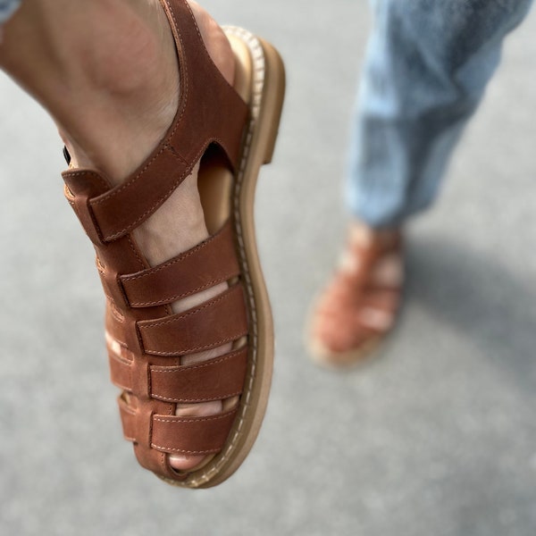 Women fisherman brown sandals, cognac brown leather  sandals, gladiator sandals, summer closed toe sandals