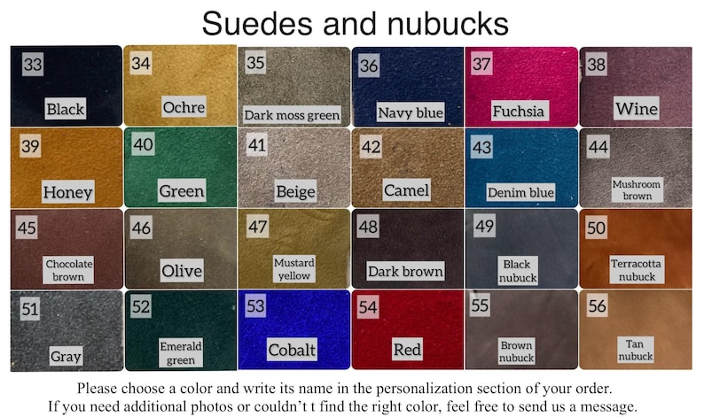 May include: A color chart showing 56 different shades of suede and nubuck leather. The chart is divided into 6 rows and 8 columns. Each square shows a different color of leather with a number and name printed below it. The colors range from black to white, with many shades of brown, green, blue, and red.