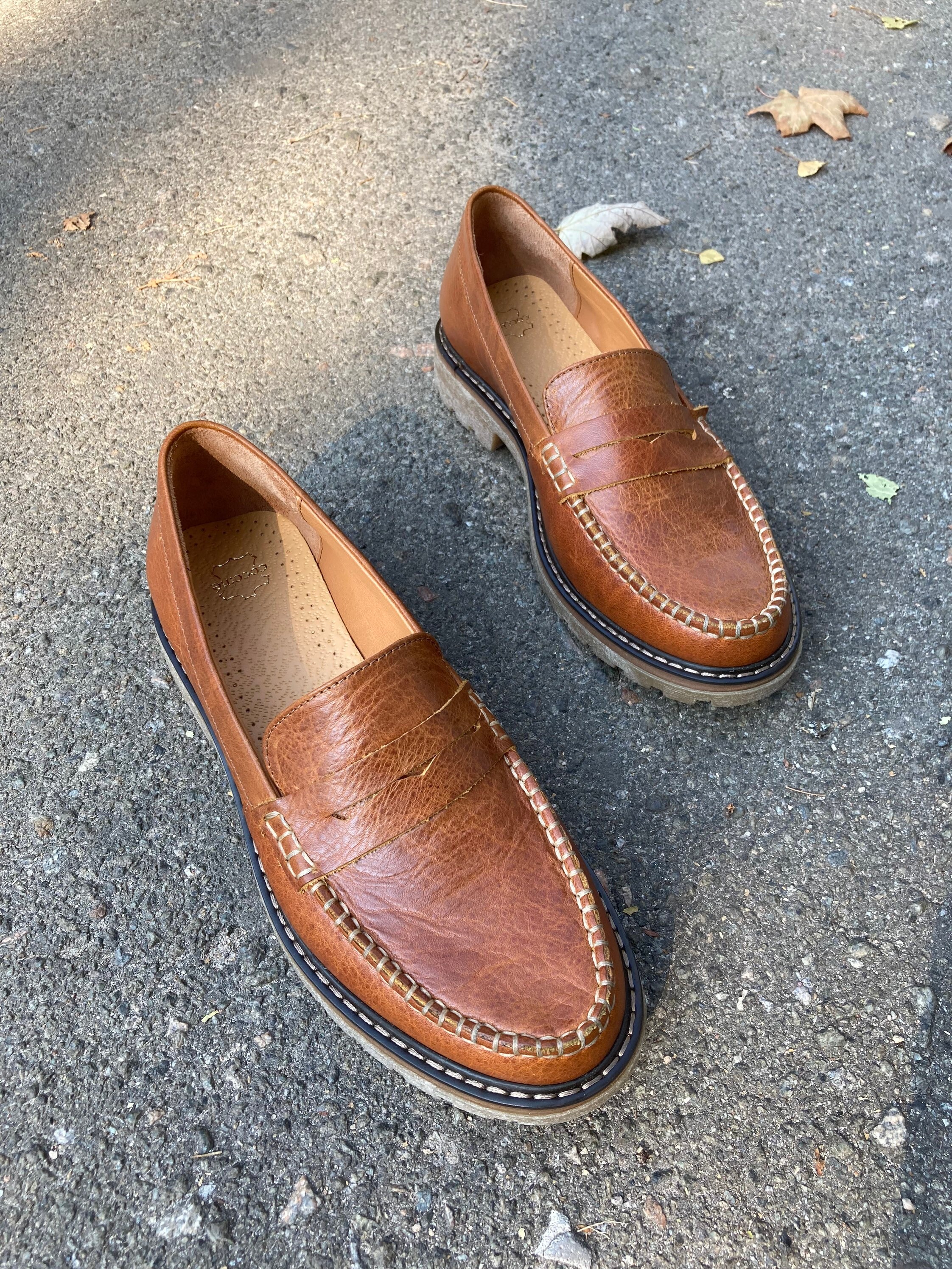 Women's Caramel Brown Leather Penny Loafers: Classic Top Siders