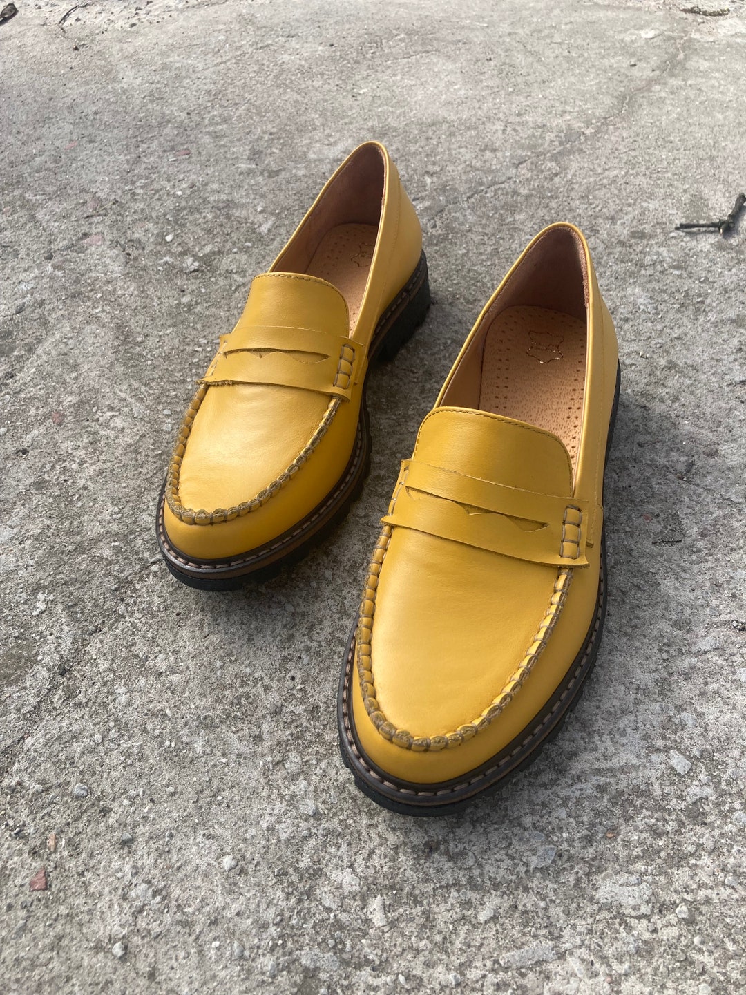 Yellow Leather Penny Loafers: Classic Women's Flat Shoes - Etsy