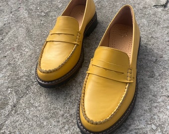 Yellow penny loafer, classic women yellow loafers, flat yellow shoes