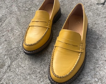 Yellow penny loafer, classic women yellow loafers, flat yellow shoes