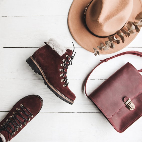 Hiker Marsala Suede Winter Fur Boots, Women Boots, Burgundy
