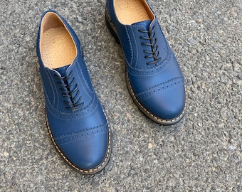 Navy blue leather women oxfords brogues shoes, blue derby shoes