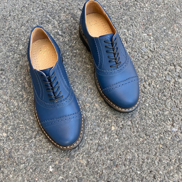 Navy blue leather women oxfords brogues shoes, blue derby shoes