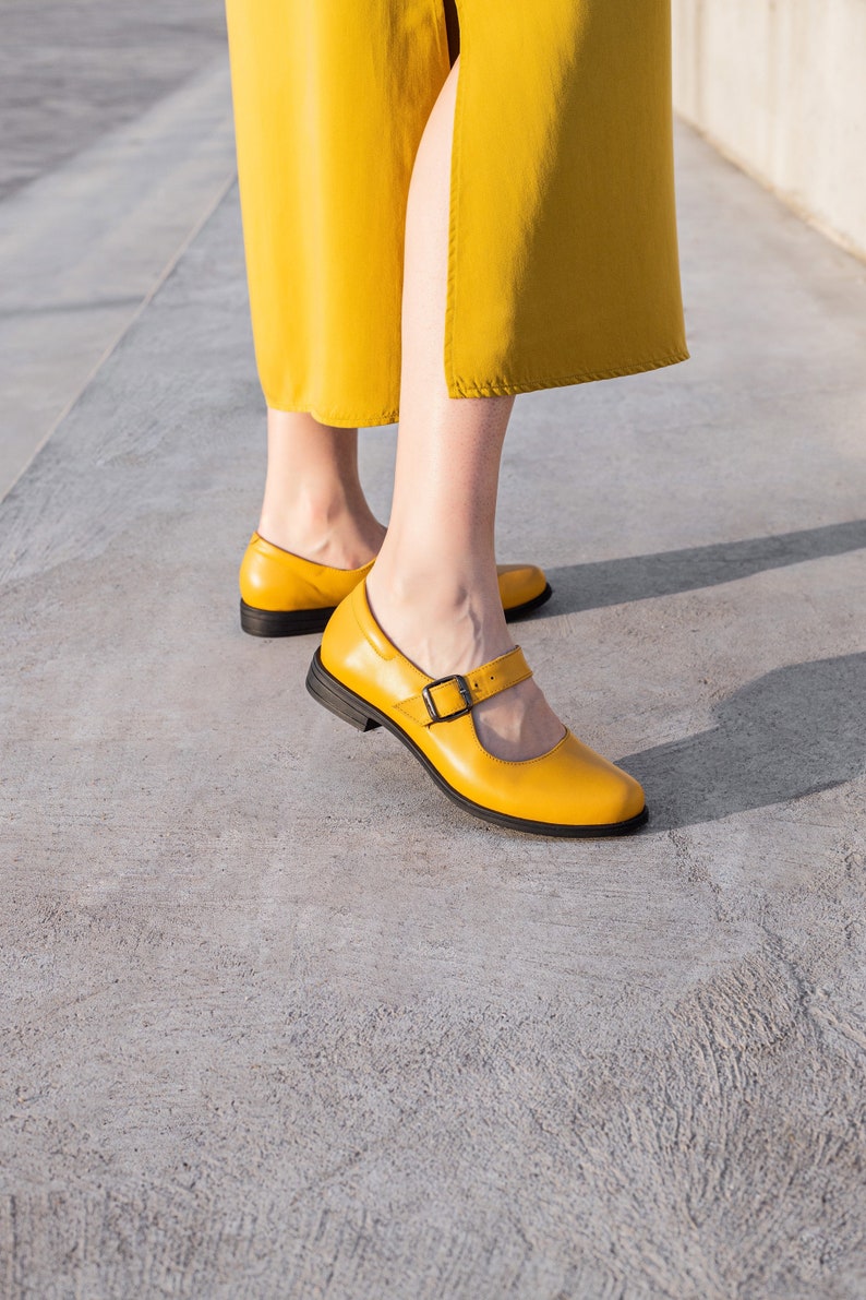 Yellow mary jane women shoes with thin sole image 4