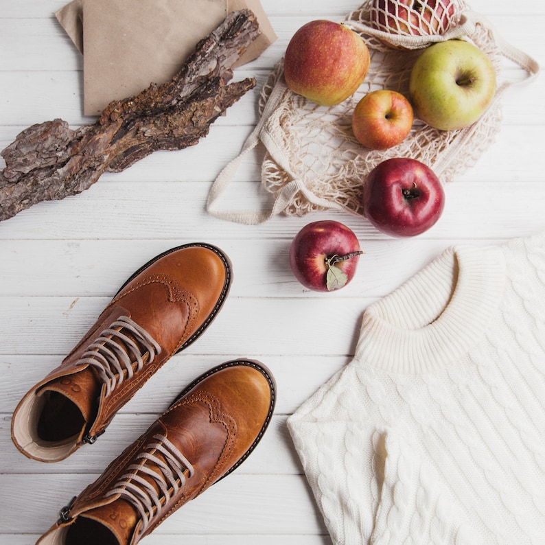 Women brown cognac brogue boots, leather winter boots image 3