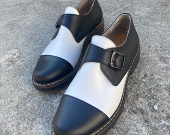 Women white and black leather monk shoes, oxford women shoes, white and black tie shoes