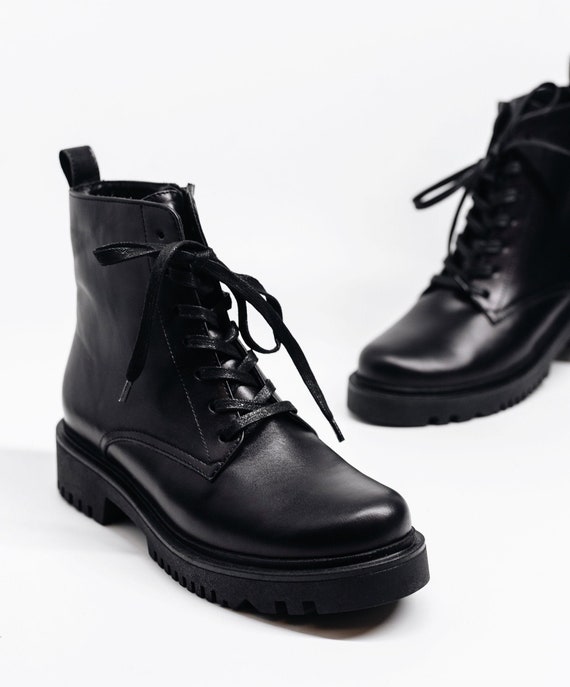 Women Black Leather Combat Lace up Ankle Boots, Women Black Women Black Leather Combat Lace up Ankle Boots, Women Black