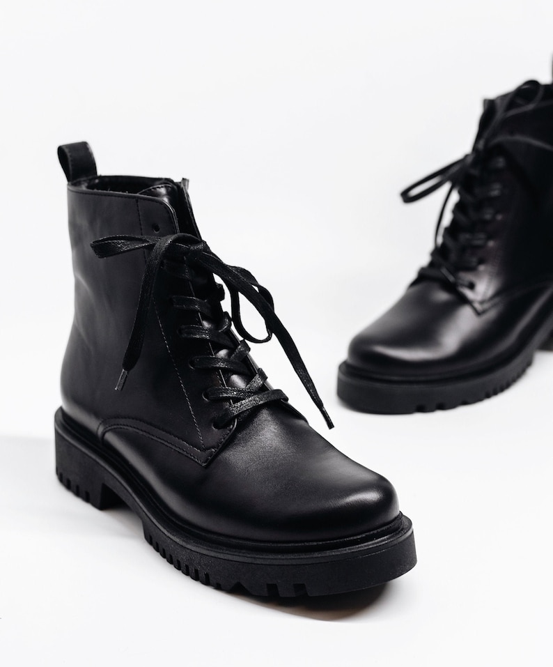 Women black leather combat lace up ankle boots, women black boots, genuine leather boots, comfort festival boots image 1