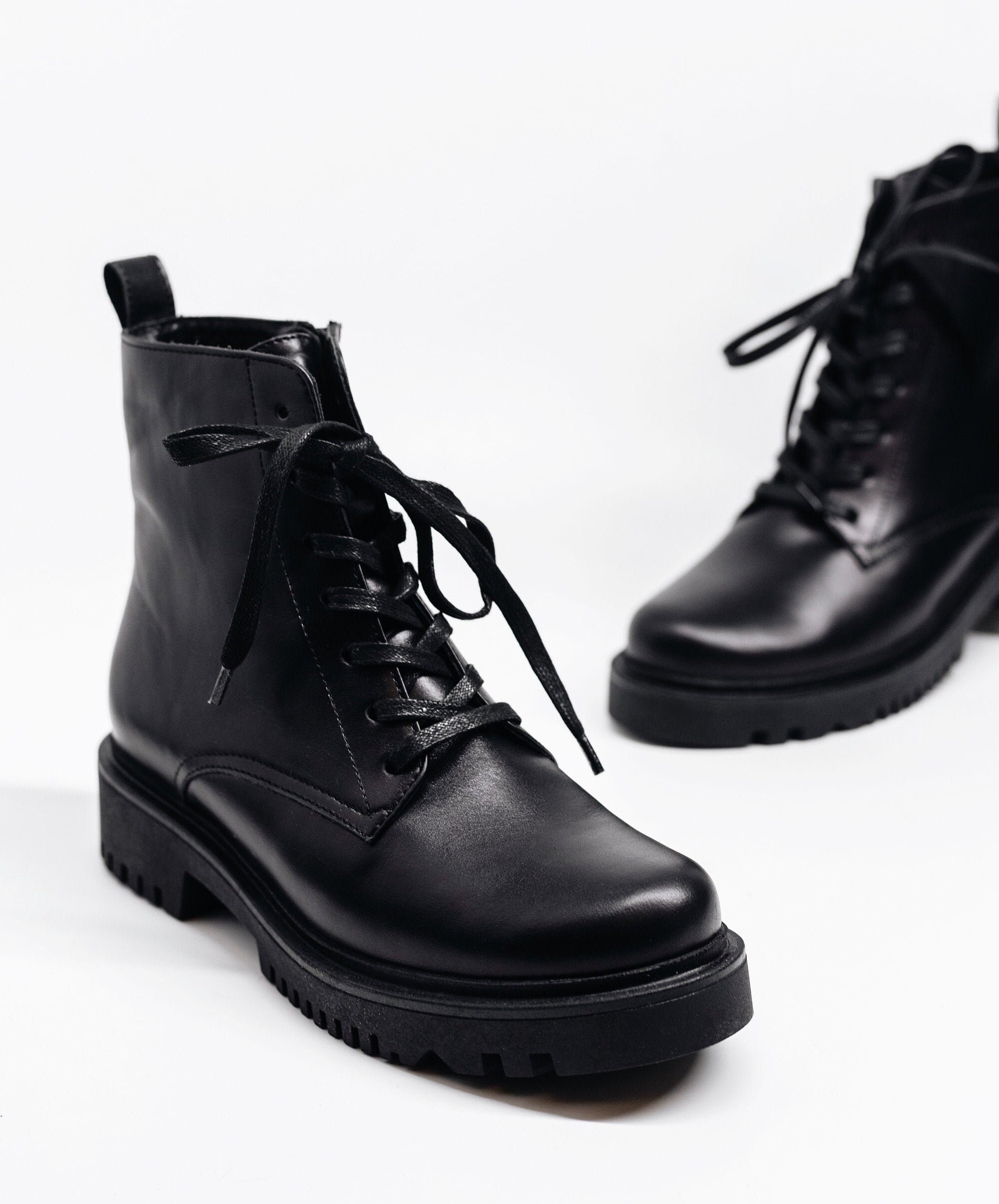 Women's Black Leather Combat Lace Up Ankle Boots