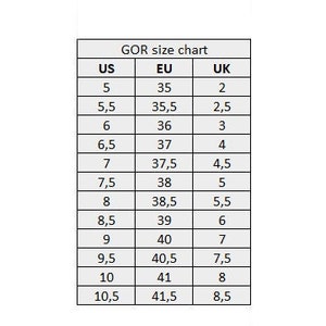 May include: A size chart for shoes showing US, EU, and UK sizes. The chart shows sizes from 5 to 10.5 US, 35 to 41.5 EU, and 2 to 8.5 UK.