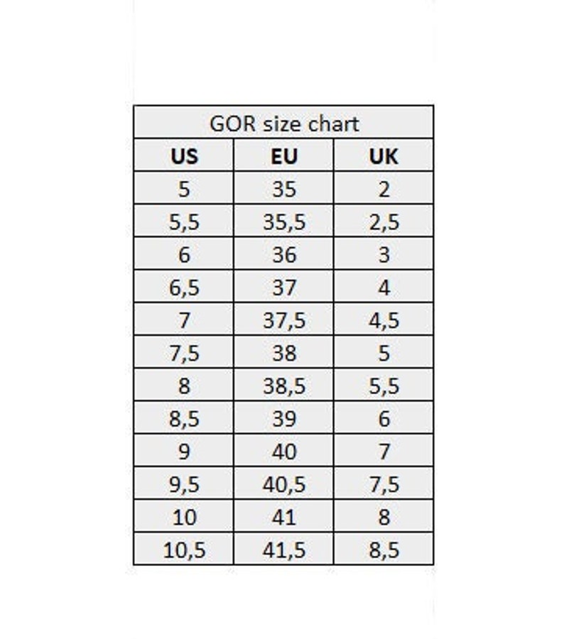 May include: A size chart for shoes showing US, EU, and UK sizes. The chart shows sizes from 5 to 10.5 US, 35 to 41.5 EU, and 2 to 8.5 UK.