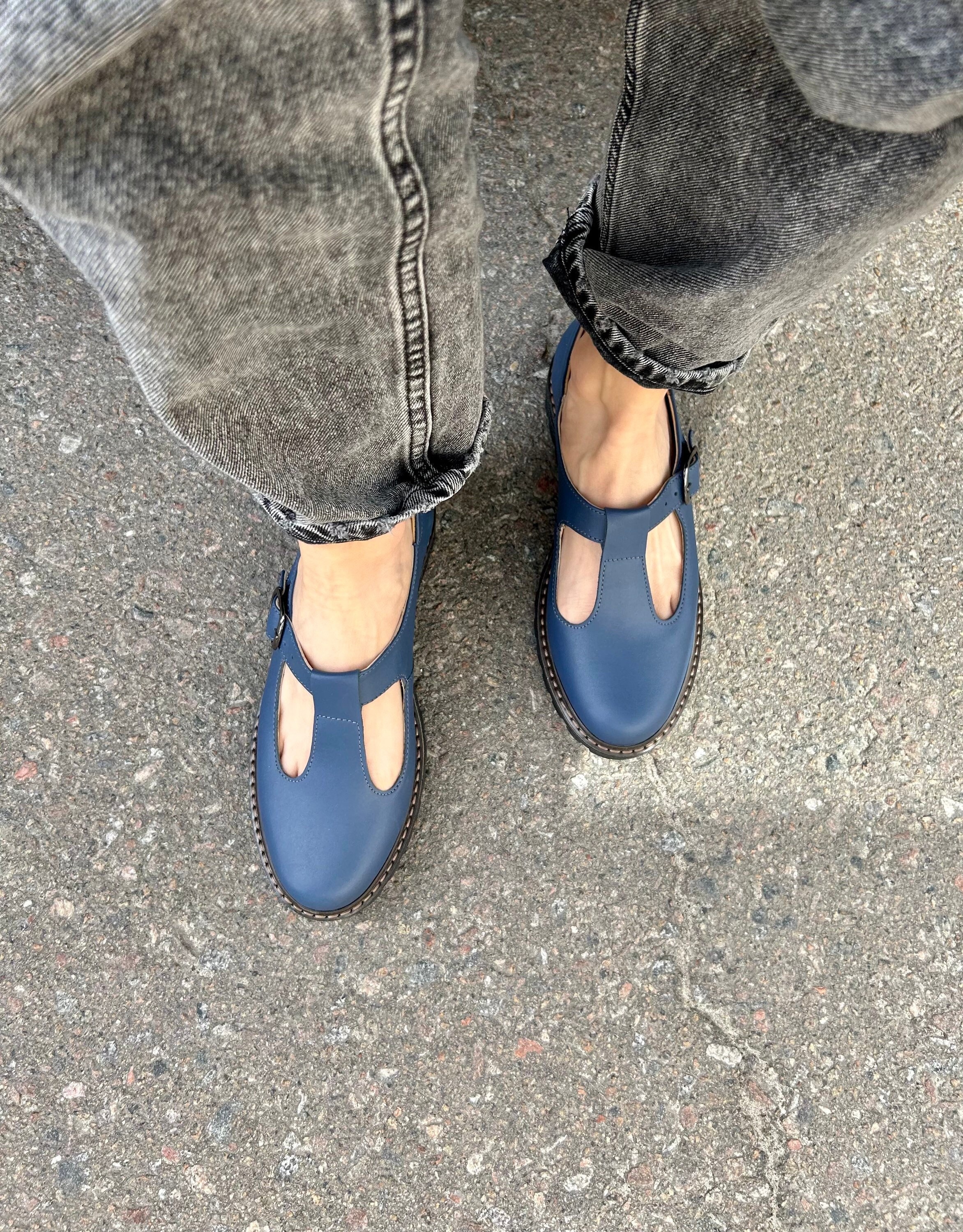 Handcrafted Navy Blue Leather Mary Janes, Women's T-strap Shoes - Etsy