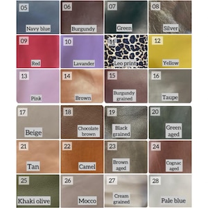May include: A chart showing 32 different colors and textures of leather. The leather is described as smooth, grained, and aged. The colors include black, white, fuchsia, navy blue, burgundy, green, silver, red, lavender, yellow, pink, brown, beige, chocolate brown, tan, camel, khaki olive, mocco, cream, pale blue, ivory, gray, and cognac.