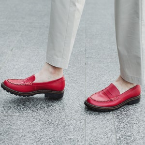 Red penny loafer women shoes, flat loafers image 2