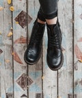 Black leather Women brogue boots, lace up military style ankle women boots product logo