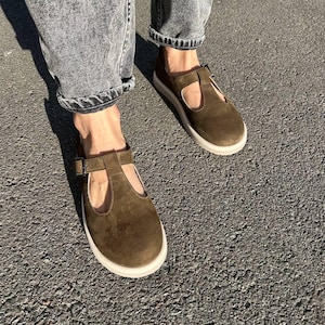 Olive Suede Mary Janes: Wide Toe Box T-Strap Flats