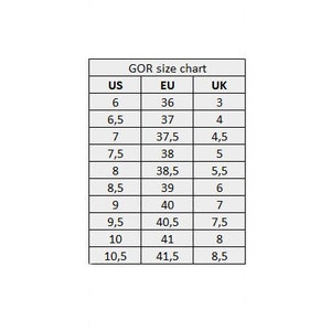 Puede incluir: Una tabla de tallas de zapatos que muestra las tallas US, EU y UK. La tabla muestra las tallas correspondientes para cada regi&oacute;n.