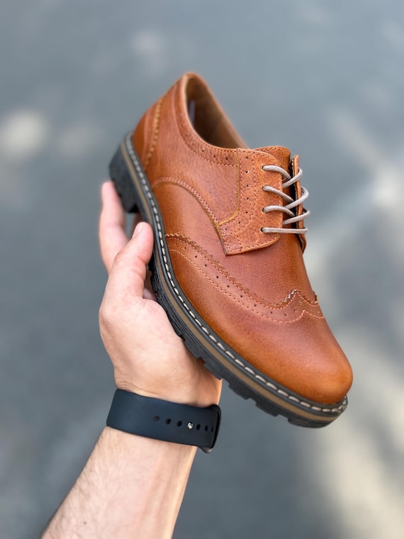 Handmade Camel Leather Brogue Oxfords - Women's Wingtip Shoes