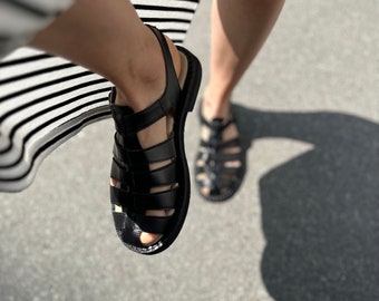 Women black fisherman sandals, leather black sandals, gladiator sandals, summer closed toe sandals