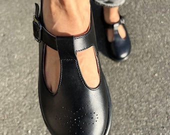 Mary Janes anatómicas descalzas: puntera ancha, caída cero, zapatos de piel negra para mujer