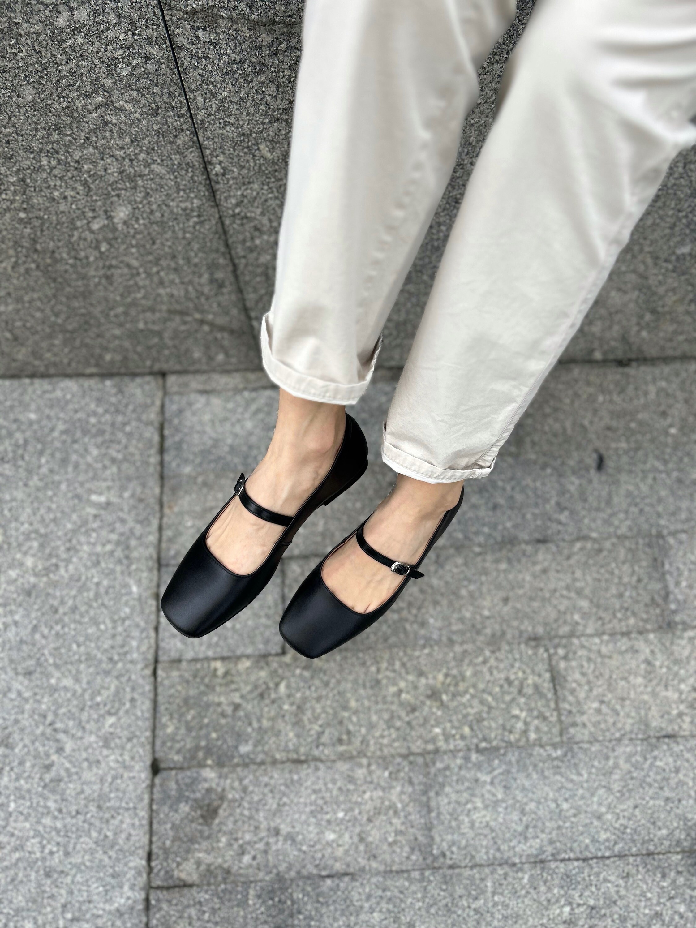 Black Leather Square Toe Mary Janes: T-strap Ballet Flats - Etsy