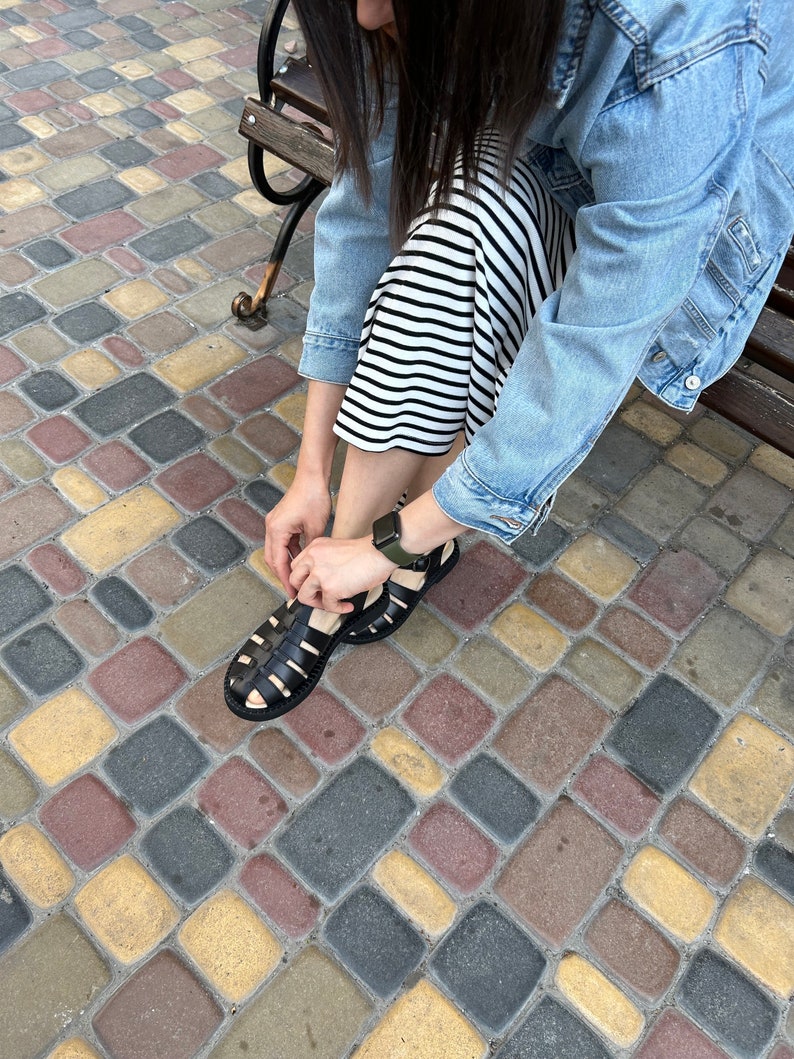 Women Black Fisherman Sandals, Leather Black Sandals, Gladiator Sandals ...