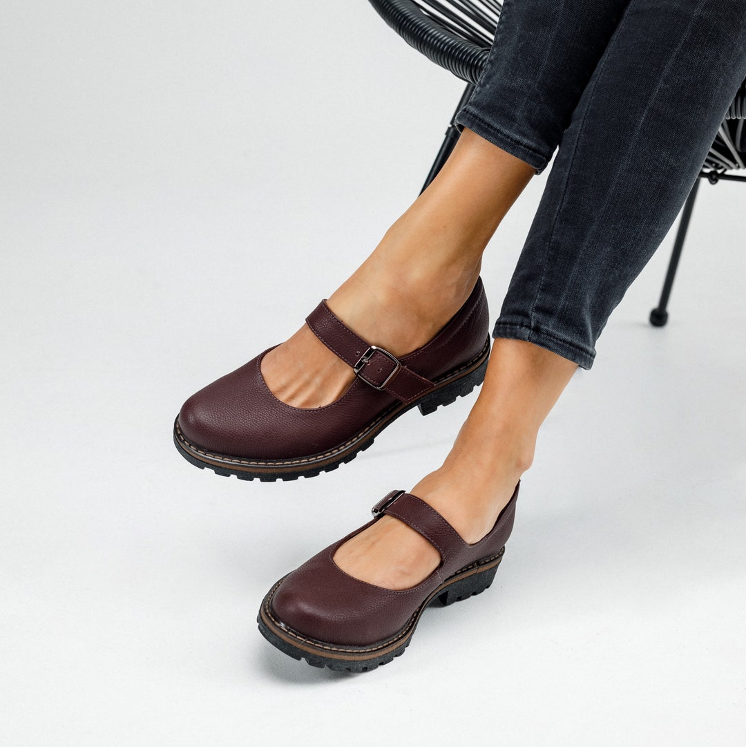 Womens Burgundy Leather Mary Janes Shoes, Women Mary Jane UK