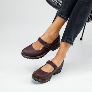 Womens burgundy leather Mary Janes shoes, women mary jane