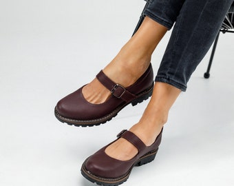 Womens burgundy leather Mary Janes shoes, women mary jane