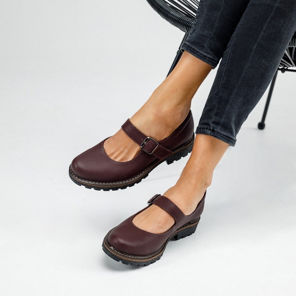 Womens burgundy leather Mary Janes shoes, women mary jane