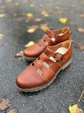 Camel leather Mary Janes: Handmade Women's brown T-Strap Shoes product logo