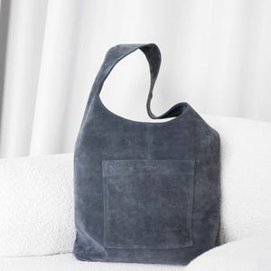 Gray Suede Shoulder Bag: Minimalist Zipper Tote