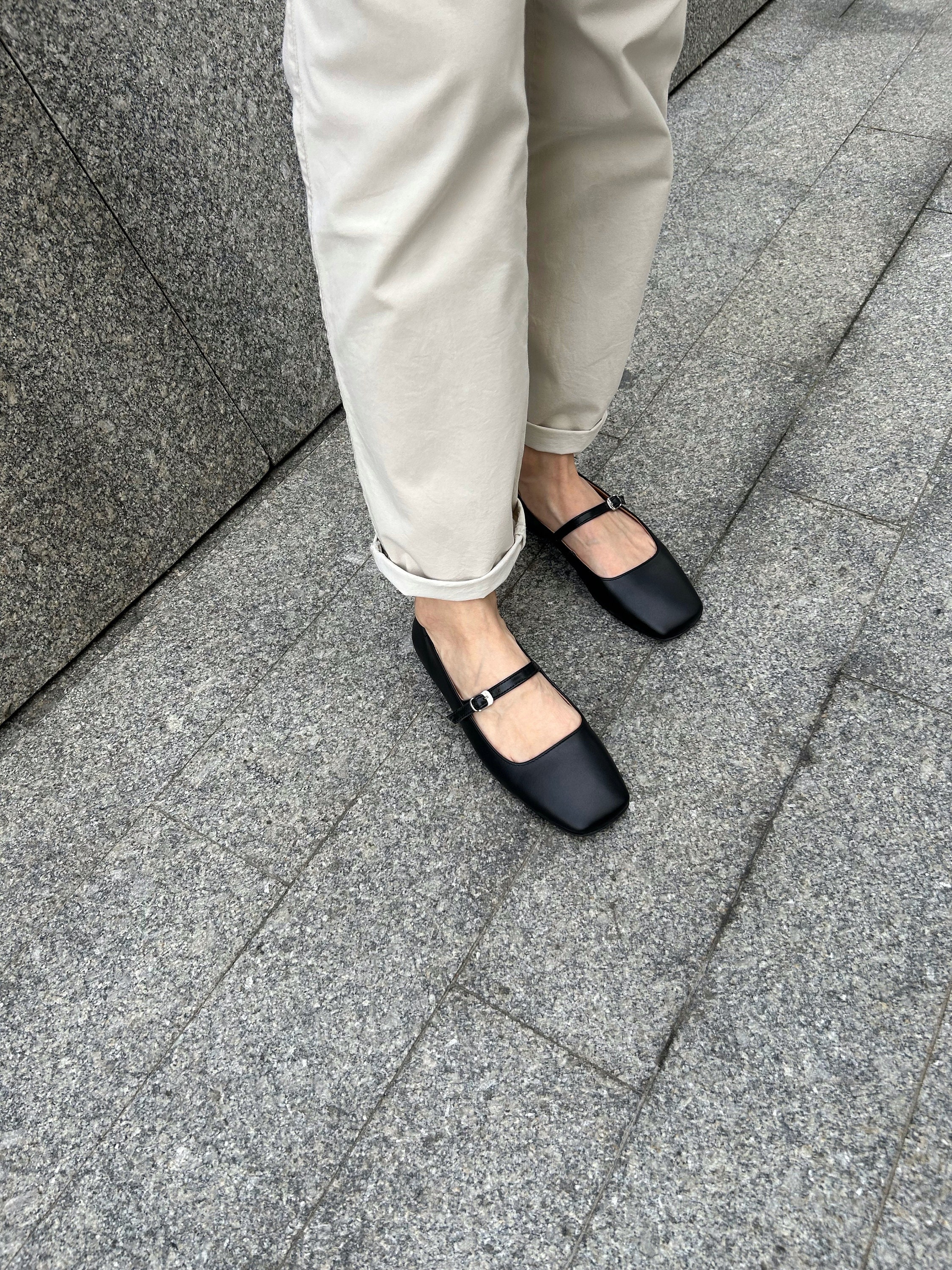 Black Leather Square Toe Mary Janes: T-strap Ballet Flats - Etsy