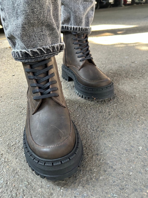 Women chunky brown aged leather boots, lug sole combat lace up boots